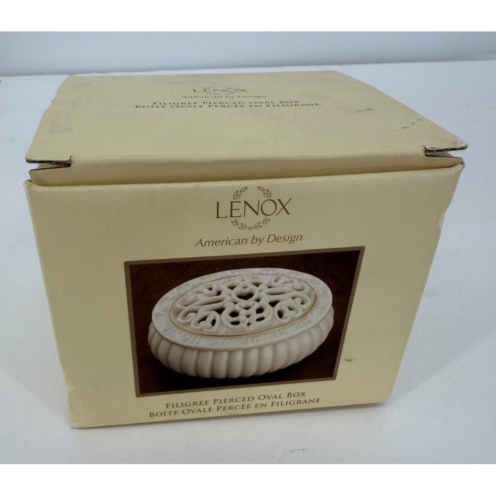 Lenox Filigree Pierced Porcelain Oval Trinket‎ Box Covered 3" Ivory Gold